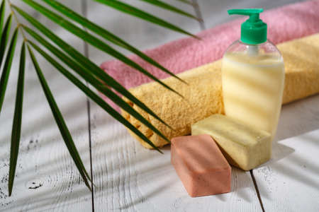 Handmade natural cosmetic skincare on white wooden tableの写真素材