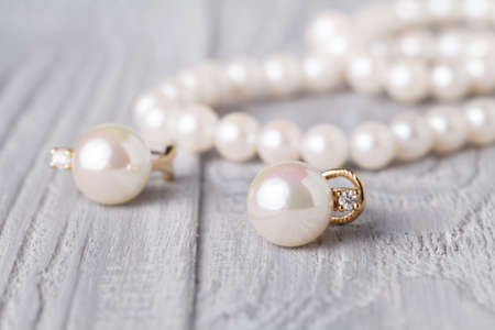 Wedding background with pearls and sea shell. Luxury wedding backgroundの写真素材
