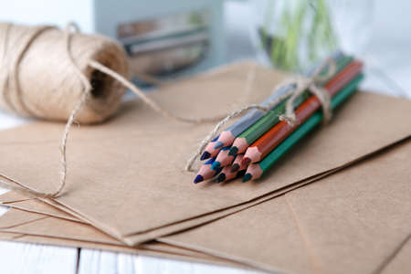 Color pencils on craft paperの写真素材