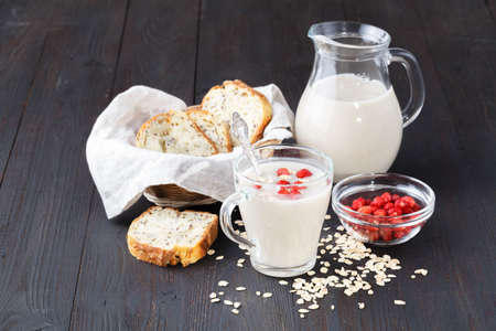 Closeup of oat milk, the concept of a vegetarian diet, Healthy Oat Smoothies