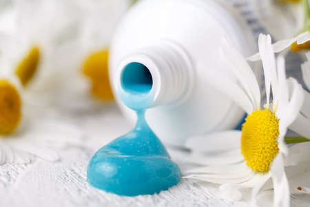 Healthy Toothpaste squeezed out from a toothpaste tube with camomile