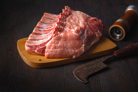 Raw meat with herbs and spices on dark background. Raw pork steak. Ingredients for cooking meat.の写真素材