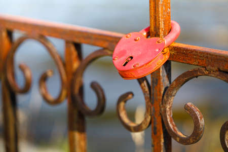 lock with key on the bridgeの写真素材