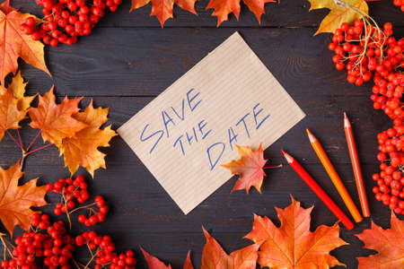 bright autumn leaves and text; generic fall background, perfect for sale banners, wedding invitation...