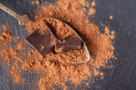 Cocoa powder and chocolate in spoon on slateの写真素材