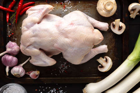 Whole raw Free range chicken in rustic skillet with rosemary leaf, thyme, lemon, red potatoes and garlic. ready to cookの写真素材