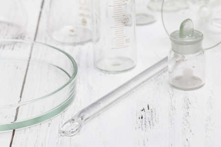 equipment of chemical laboratory on wooden tableの写真素材