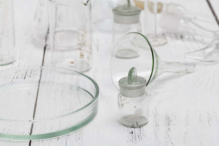 equipment of chemical laboratory on wooden tableの写真素材