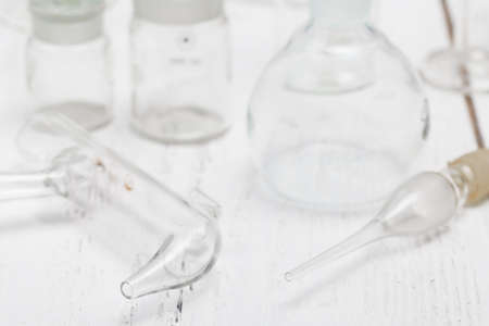 equipment of chemical laboratory on wooden tableの写真素材