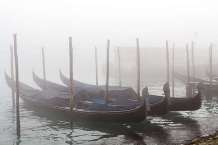 Moored blue gondolas Foggy winter sunsetの写真素材