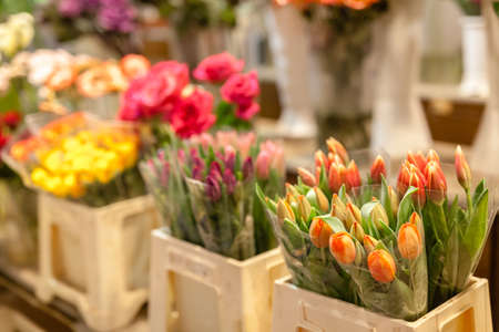 Street flower shop with colourful flowersの写真素材