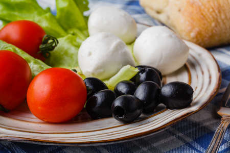 appetizer with fresh tomatoes and mozzarella and bread and parmesan cheese in the kitchenの写真素材
