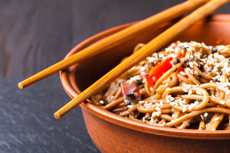 Soba noodles with mushroomsの写真素材