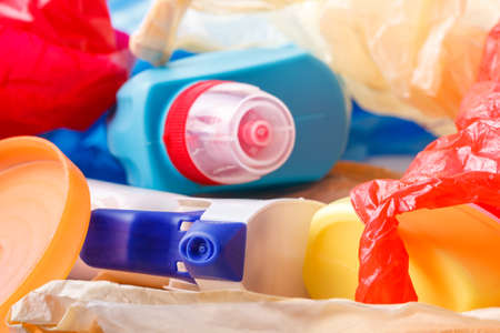 Used plastic bottles and bags for recyclingの写真素材