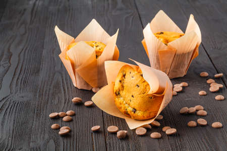 Closeup of some appetizing plain muffins for breakfastの写真素材