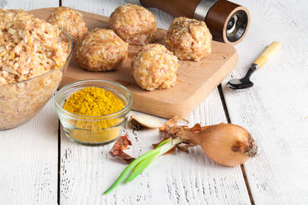 chicken Meatballs with rice, cooking on kitchenの写真素材