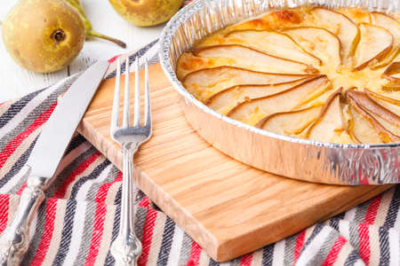 French quiche stuffed with blue cheese and pears, very delicious and tasty cakeの写真素材