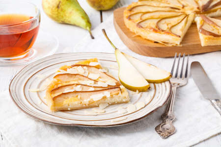 French quiche stuffed with blue cheese and pears, very delicious and tasty cakeの写真素材