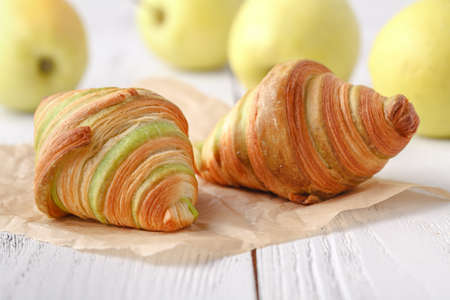 Breakfast with fresh baked croissantsの写真素材