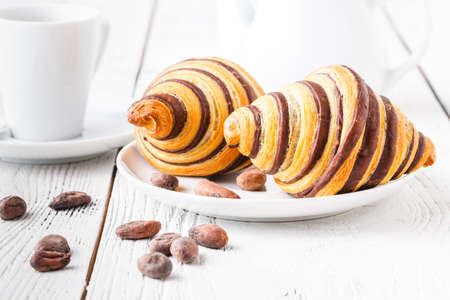 morning coffee with croissantの写真素材