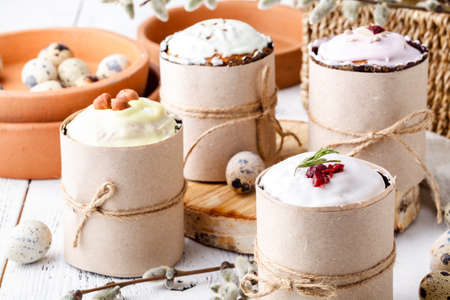 Kulich cake with young green sprigs, symbol of Traditional Russian Orthodox Easter cakeの写真素材