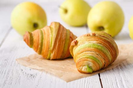 Delicious breakfast with fresh croissantsの写真素材