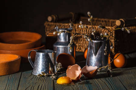 eggs with baking pans. easter cake baking processの写真素材