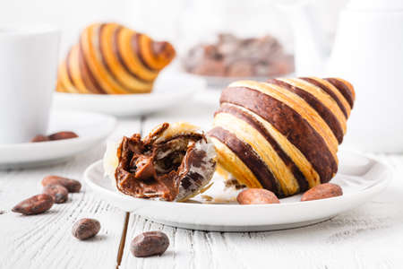 morning coffee with croissantの写真素材
