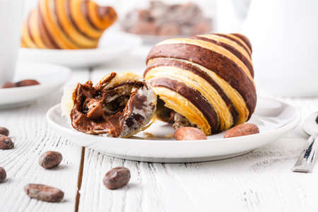 Delicious breakfast with fresh croissantsの写真素材