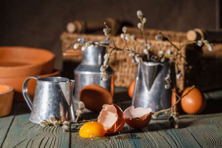 eggs with baking pans. easter cake baking processの写真素材