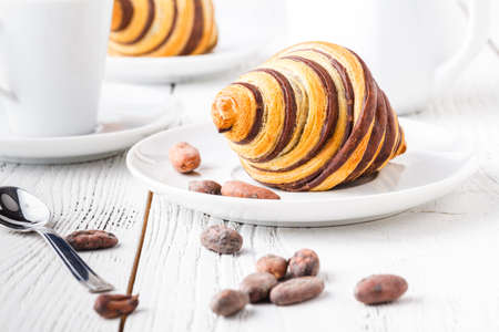 Breakfast with fresh baked croissantsの写真素材