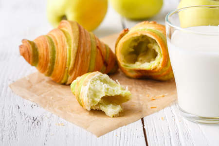 Delicious breakfast with fresh croissantsの写真素材