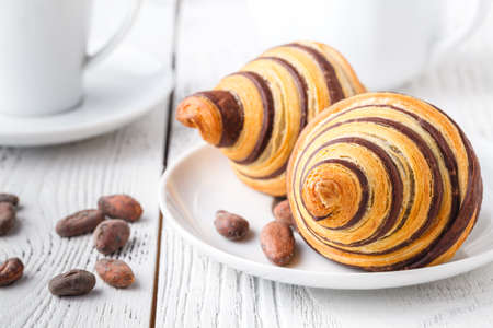 Delicious breakfast with fresh croissantsの写真素材
