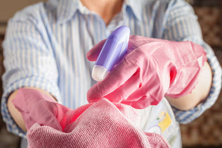 Concept of cleaning in the office, home Detergent, rag glove Health and Medicineの写真素材
