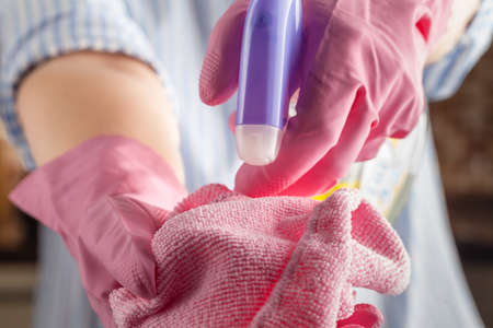 Concept of cleaning in the office, home Detergent, rag glove Health and Medicineの写真素材