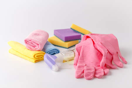 Cleaning set of different items for kitchen, bathroom and other rooms. Copy space. Cleaning service conceptの写真素材