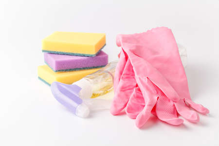 Spring cleaning background with space for copy text. Cleaning up tools. Plastic spray, sponge, gloves and desinfectant productsの写真素材