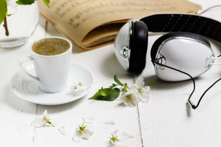 Romantic coffee in the blossoming garden, spring breakfastの写真素材