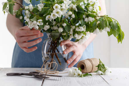 Close-up of woman's hand holding a branch of spring blooming apple tree.Florist conceptの写真素材