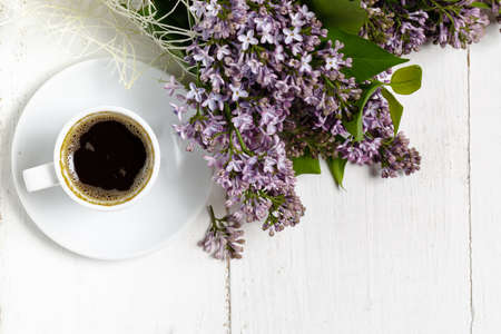 Romantic coffee in the blossoming garden, spring breakfastの写真素材