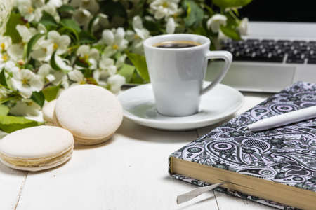 Coffee for Breakfast and lilac flowers. Selective focusの写真素材