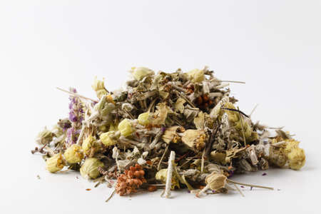 Texture of dry herbal tea with mint, strawberry and slices of lemonの写真素材