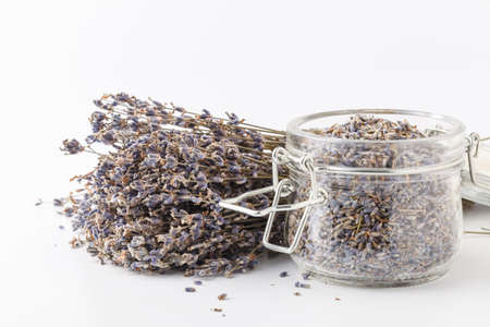 Dried lavander bouquet on white background, copy spaceの写真素材