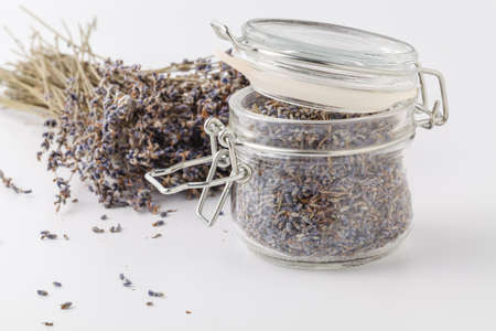 Dried lavander bouquet on white background, copy spaceの写真素材