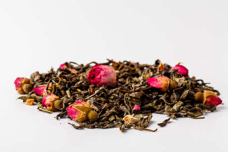 chamomile mixes with lemongrass and hibiscus herbal tea, over whiteの写真素材