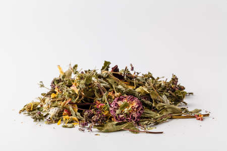 Texture of dry herbal tea with mint, strawberry and slices of lemonの写真素材