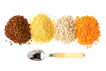 Flat lay composition with different types of grains and cereals isolated on white backgroundの写真素材