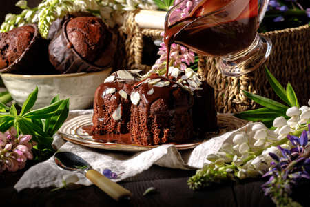 Chocolate muffins with crispy top (selective focus)の写真素材