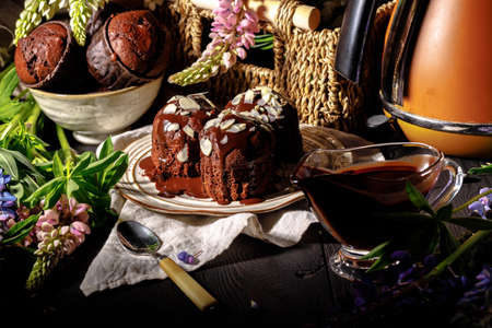 Chocolate muffin with crushed nuts / homemadeの写真素材