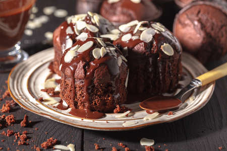 Chocolate muffin with crushed nuts / homemadeの写真素材